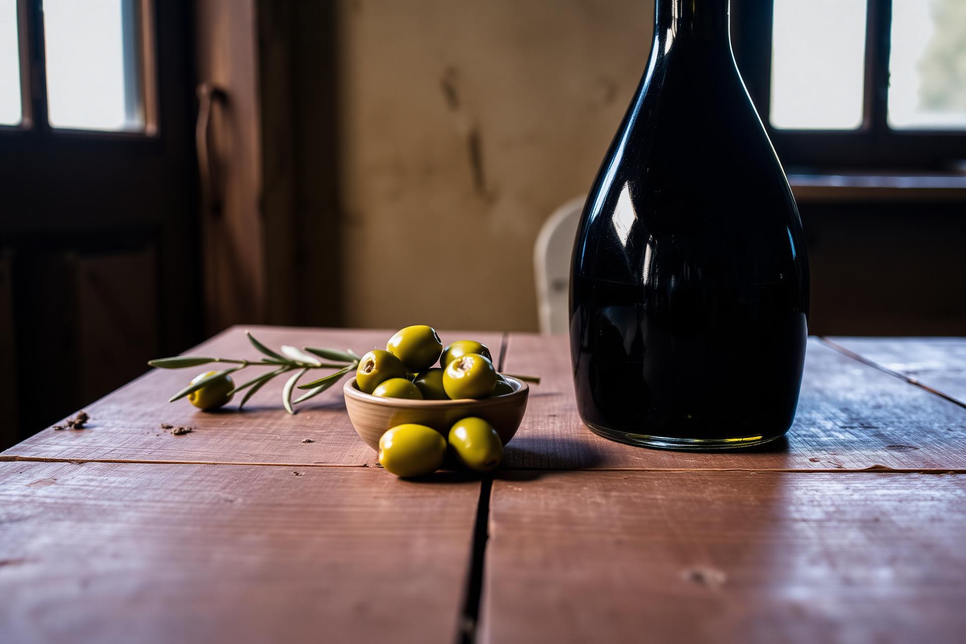 Rustic olive oil bottle on wooden table